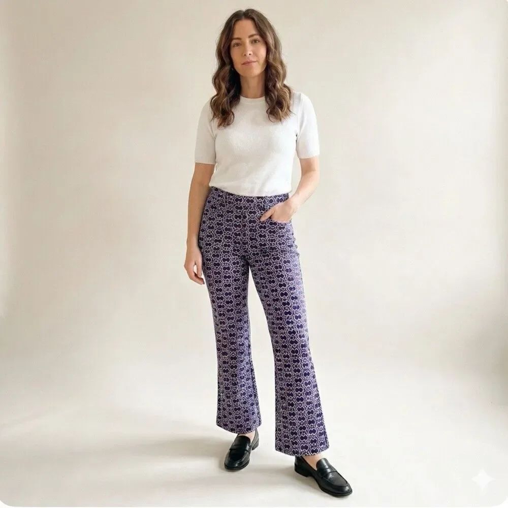 ZARA Geometric Print Kick Flare Trousers Pants High Rise Purple Size S